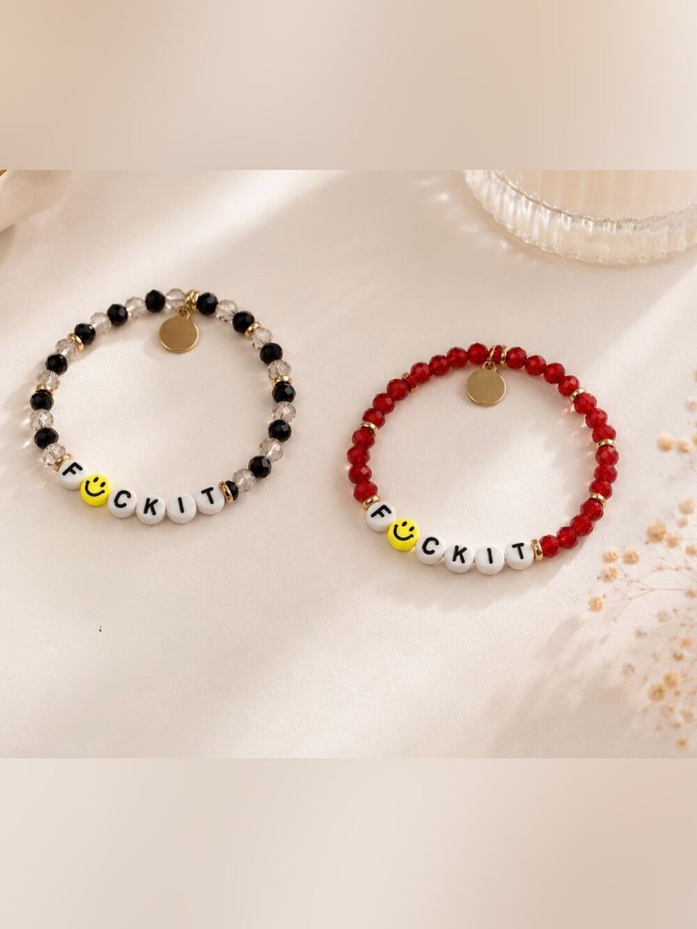 Set of 2 -Beaded F*CK IT Smiley Face Bracelet adult humor Red Black funny gift